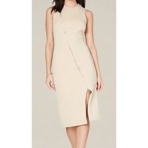 NWT BEBE Dress S Women's Cream Rebecca Textured Zip Detail Front Slit Bodycon